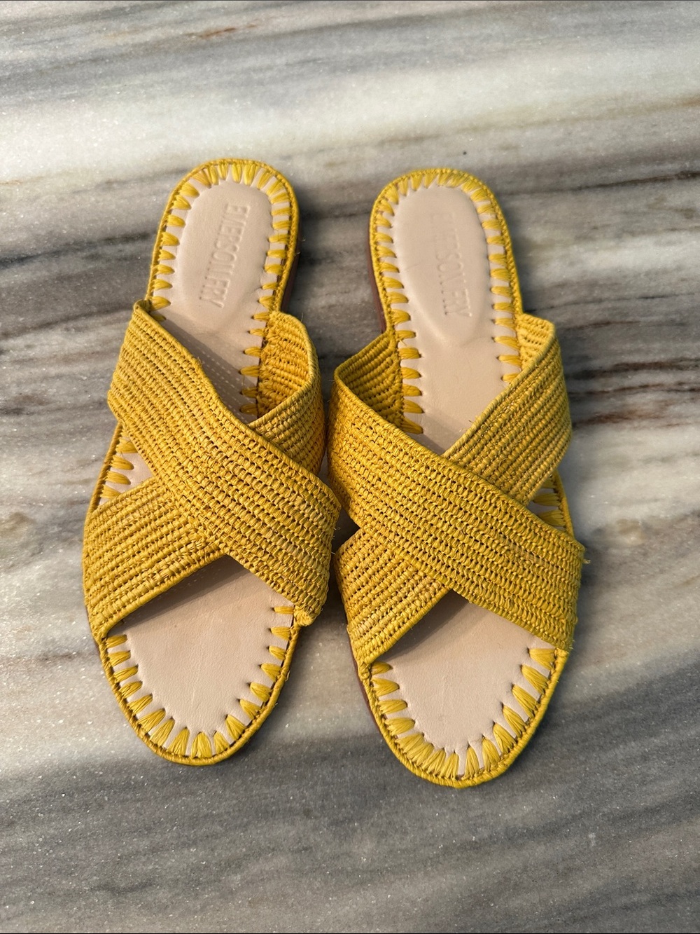 EMERSON FRY RAFIA AND LEATHER SLIDES